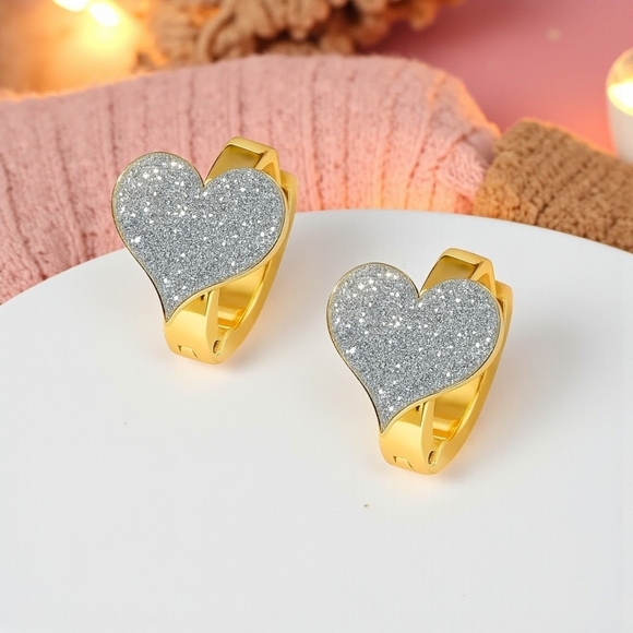 🆕️18K Gold Plated Shimmering Heart Huggie Earrings 💖 Trendy Sparkling Hoops - Picture 8 of 12